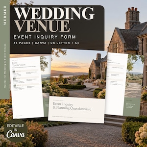 May include: A 16-page wedding venue event inquiry form template set in US Letter and A4 sizes, editable in Canva. The document features white pages with black text, including sections for event type, vision, and planning questionnaires.