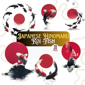 Pode incluir: Arte digital com designs de peixes koi japoneses Hinomaru. A imagem inclui círculos vermelhos representando o sol, peixes koi em várias poses e o texto "Japanese Hinomaru Koi Fish 20 PNG".