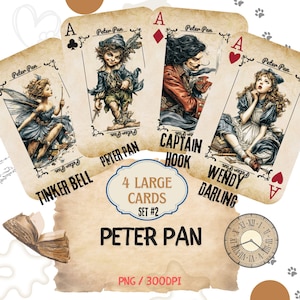 May include: A set of four large playing cards with a Peter Pan theme. The cards feature illustrations of Tinker Bell, Peter Pan, Captain Hook, and Wendy Darling. The cards have a vintage design with the text "Peter Pan" and "4 Large Cards Set #2".