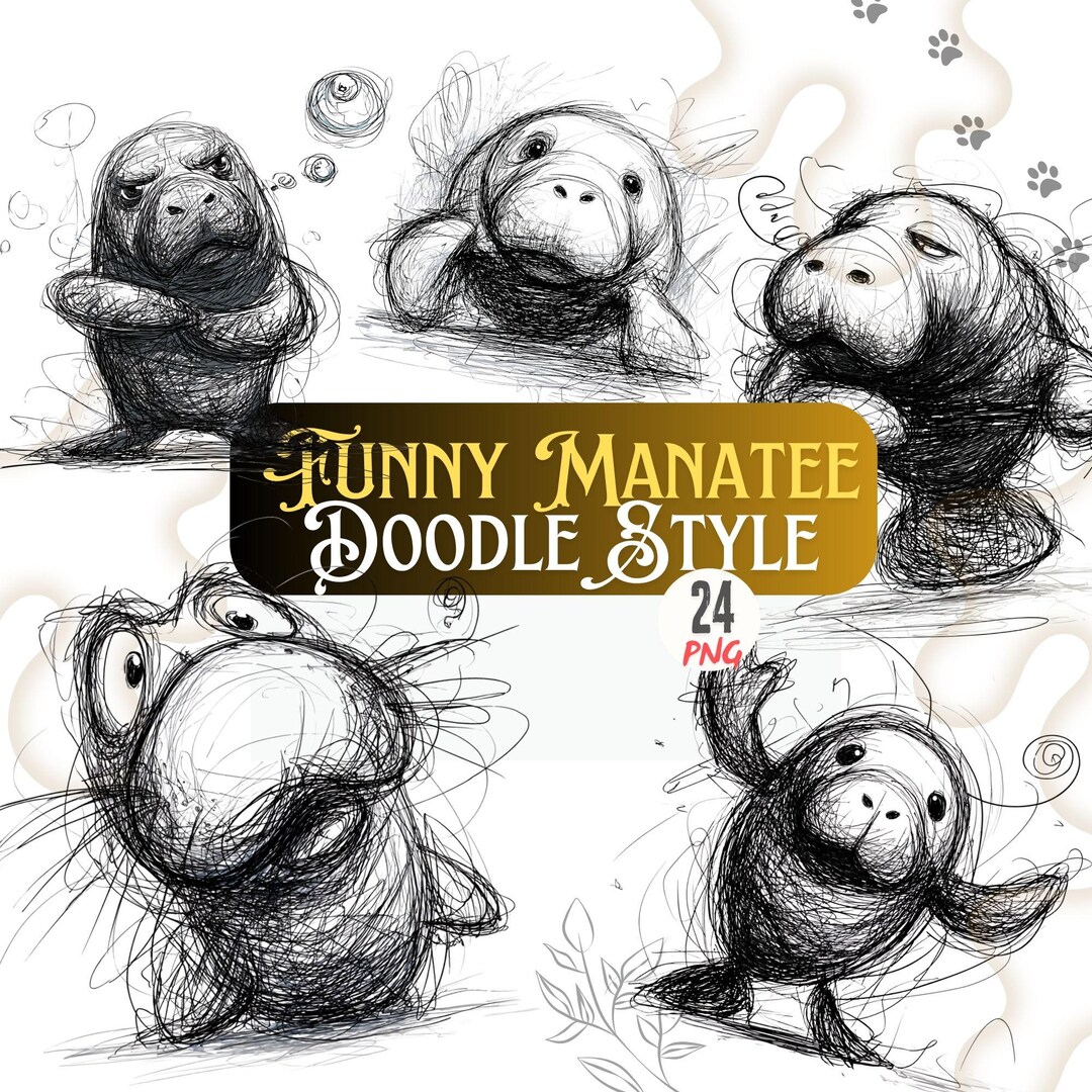 Funny Manatee Doodle Clipart Bundle, Cute Sea Cow Sketch PNG Pack, Hand ...