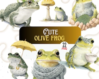 Cute Olive Frog Watercolor Clipart Bundle with Cozy Frog Illustrations, Mushroom Frog Art, Cottagecore Animal PNG Set for Creative Projects
