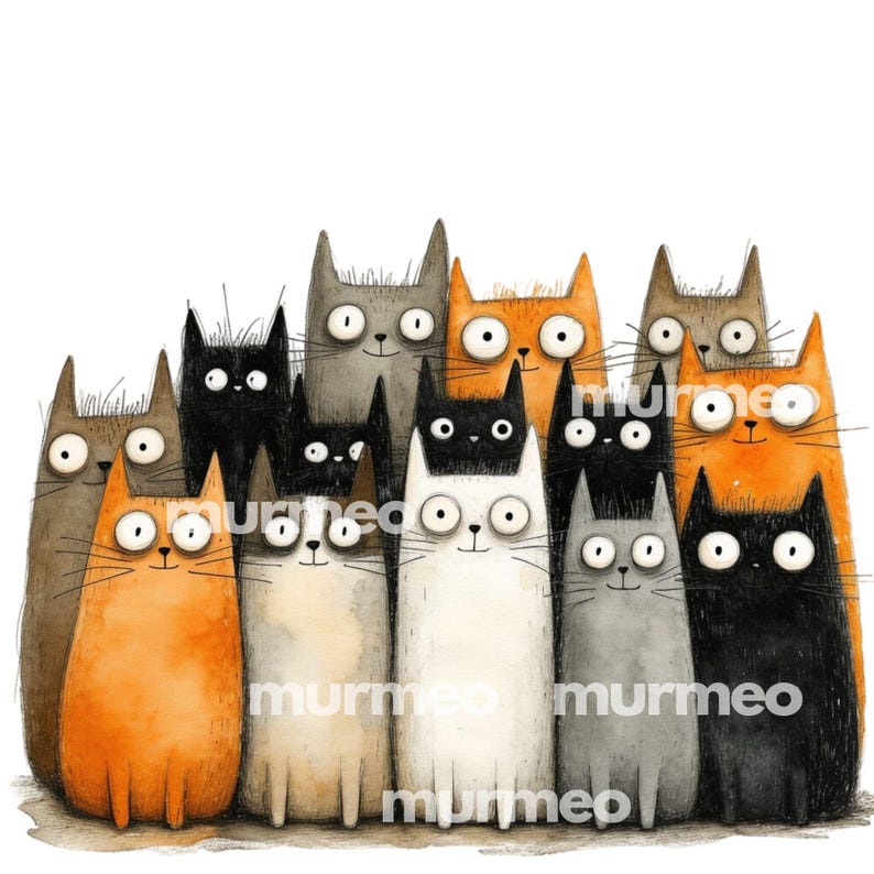 May include: A watercolor illustration of a group of cartoon cats. The cats are in various colors, including orange, black, gray, and white, with large, expressive eyes. The word "murmeo" is printed on the image.