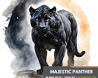 Majestic Panther Clipart Set, Transparent Watercolor PNGs Panther in Natural Colors, Wild Jungle Cat, Mystical Night Wildlife Graphics