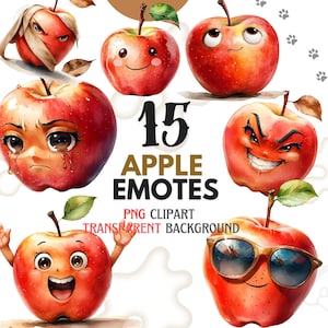 Zestaw clipartów Apple Emotes, 15 uroczych obrazów PNG Apple z przezroczystym tłem, zabawne emoji owoce emocje twarze, szalony zły smutny szczęśliwy Apple