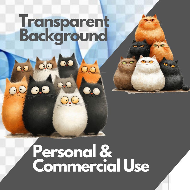 May include: A collection of cartoon cats in various colors, including orange, black, white, and brown. The cats have large eyes and are arranged in a group. Text on the image reads "Transparent Background" and "Personal & Commercial Use."