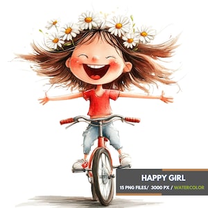 Dreamy Girl Watercolor Clipart, Cute Cartoon Girl on Bike PNG, Whimsical animation Style Art, Happy Girl, Happy Life, Cute Illustration