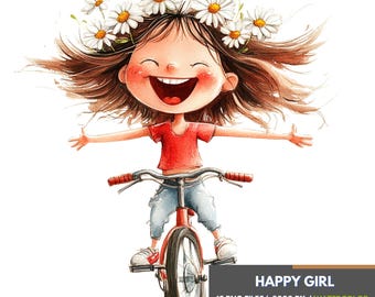 May include: A watercolor illustration of a happy girl with a daisy flower crown riding a red bicycle. The girl is wearing a red shirt and blue jeans.