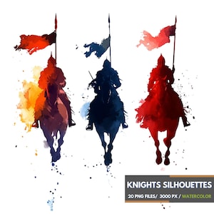 Aquarel ridder silhouet PNG-bundel, middeleeuwse krijger clipartpakket, paard ridder digitale download, Fantasy Army Battle Art-bestanden