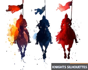 Knight Silhouette PNG Bundle Watercolor, Medieval Warrior Clipart Pack, Horseback Knight Digital Download, Fantasy Army Battle Art Files
