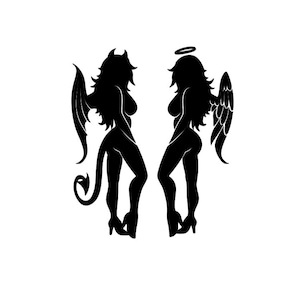 May include: Silhouette of a woman with angel wings and a halo, standing next to a woman with a tail and horns.