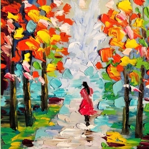 Oeuvre d'art à l'huile faite main Paysage abstrait Oeuvre d'art originale Petite peinture à l'huile Empâtement des couleurs vives Image d'un parc Gros traits