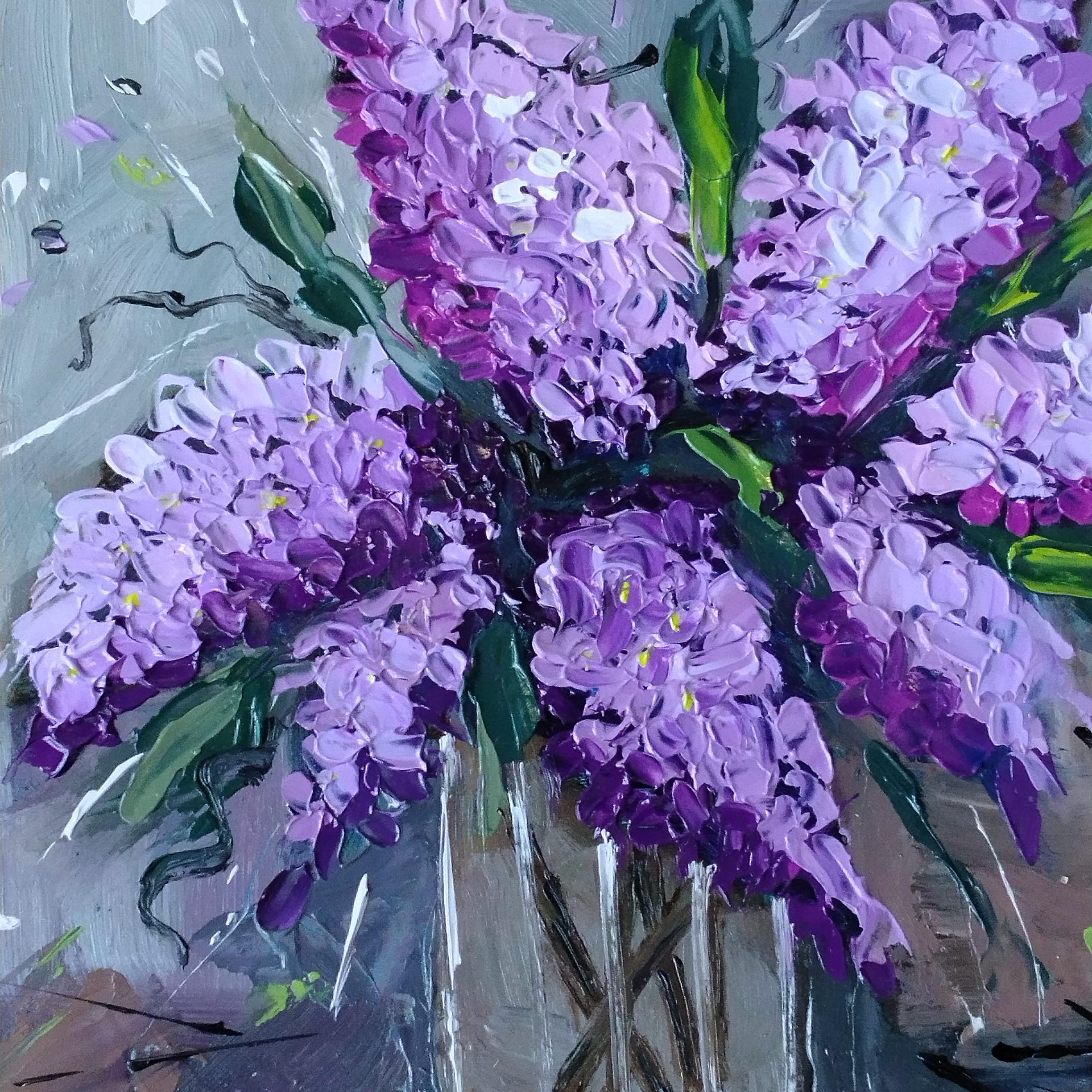 ライラックの絵画：オリジナルの花の油絵、質感のある静物画（8х8