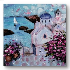 Pintura a óleo impasto da ilha da Grécia Arte em cores pastel, cena arquitetônica de verão pintura original da ilha de Santorini cores brilhantes