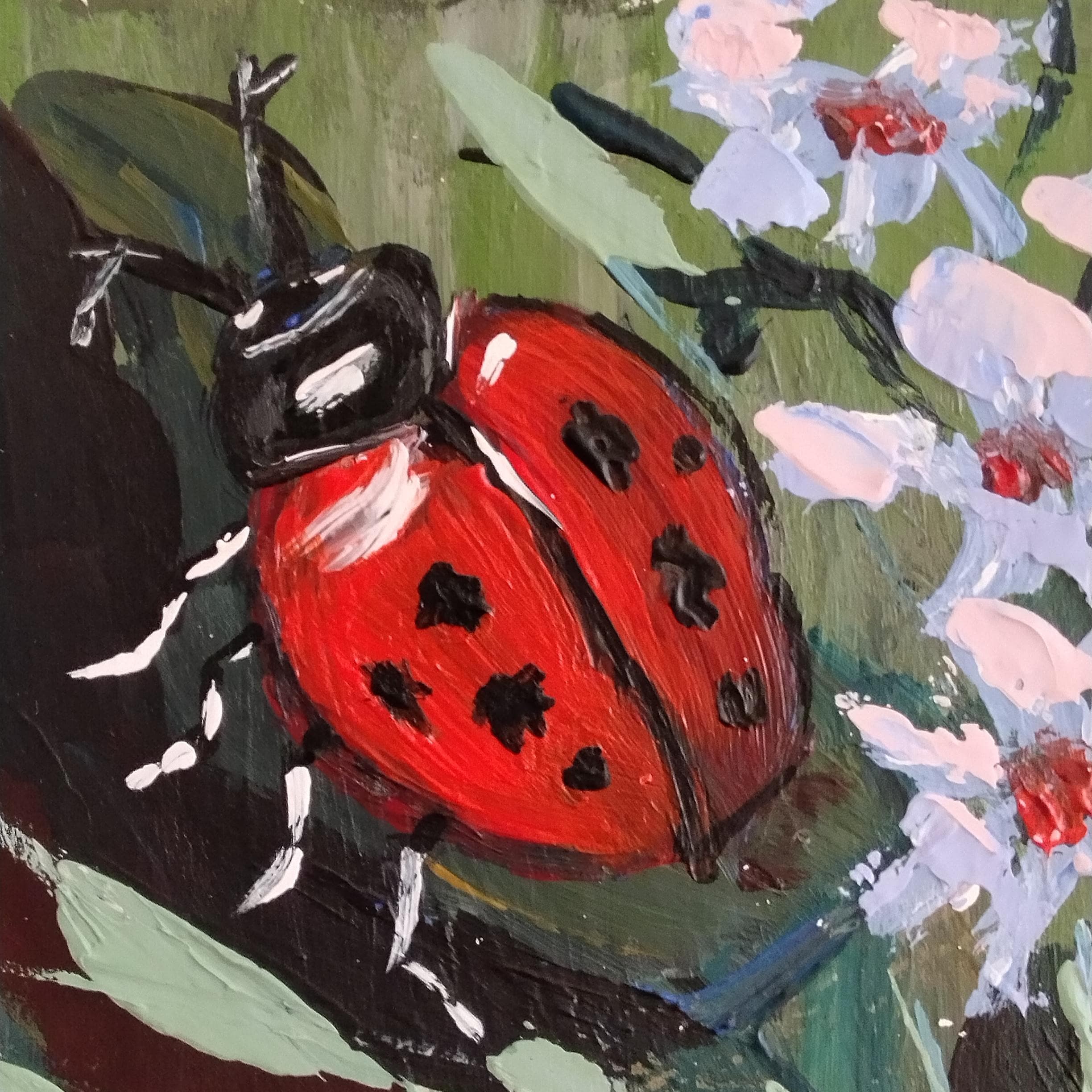 手作りのてんとう虫の絵画：ペイントされたフレーム付きの花のアクリル