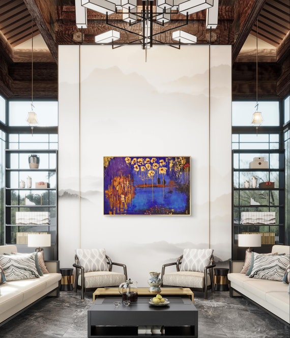 XL 抽象画（青と金）: キャンバスに描かれたテクスチャーのある