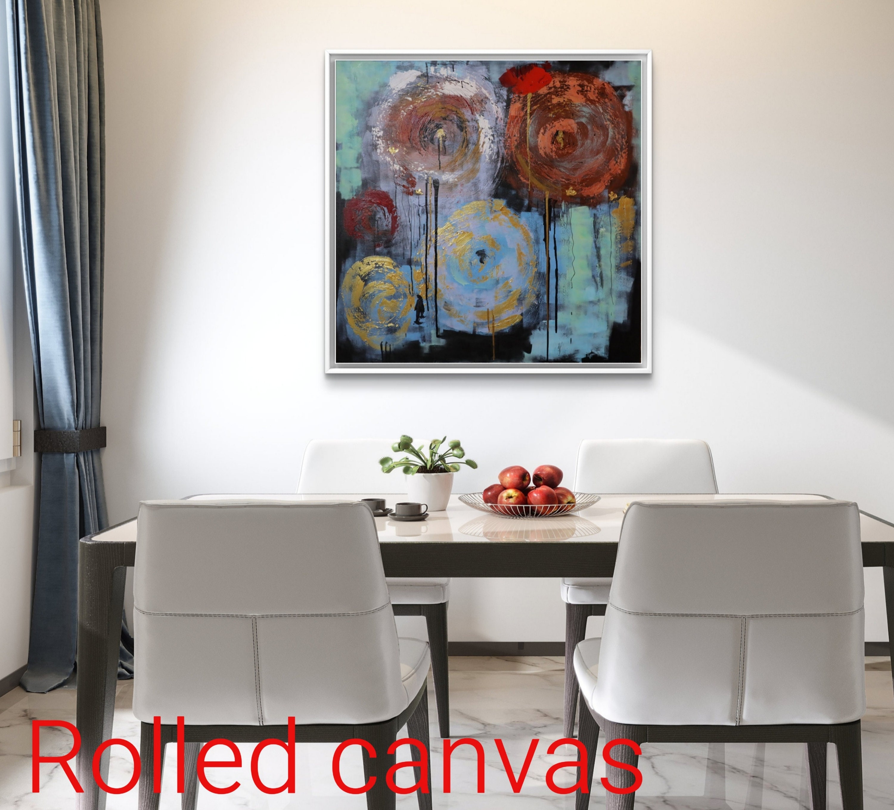 XLキャンバス抽象アクリル画：青、金、赤のインテリア装飾 - Etsy 日本