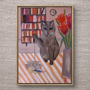 Chat et piège à souris, peinture à l'huile originale, art de chat fantaisiste, scène d'intérieur confortable, cadeau pour amoureux des chats, oeuvre d'art faite main