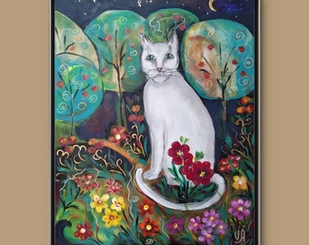 Pintura de gato de medianoche: Obra de arte acrílica original, retrato de mascota de fantasía