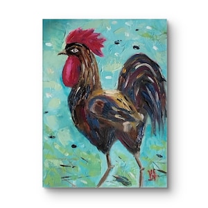 Colourful Rooster Painting on Canvas Original Textured Animal Art Farmhouse Wall Decor Small Oil Artwork Rustic Country Bright Kitchen Gift