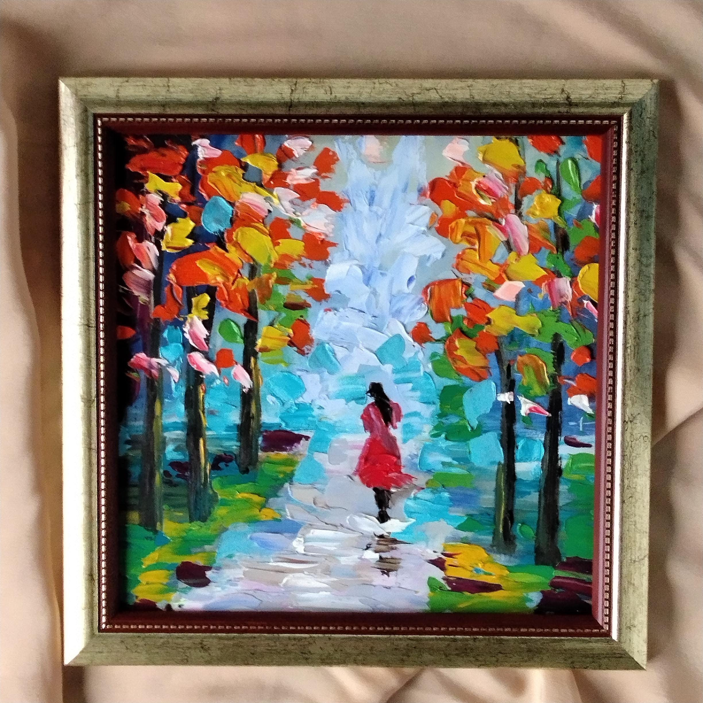Original Oil Painting: Colorful Autumn Park Landscape, Framed