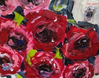額装された抽象的な花の油絵：赤と白のバラの花瓶 - Etsy 日本