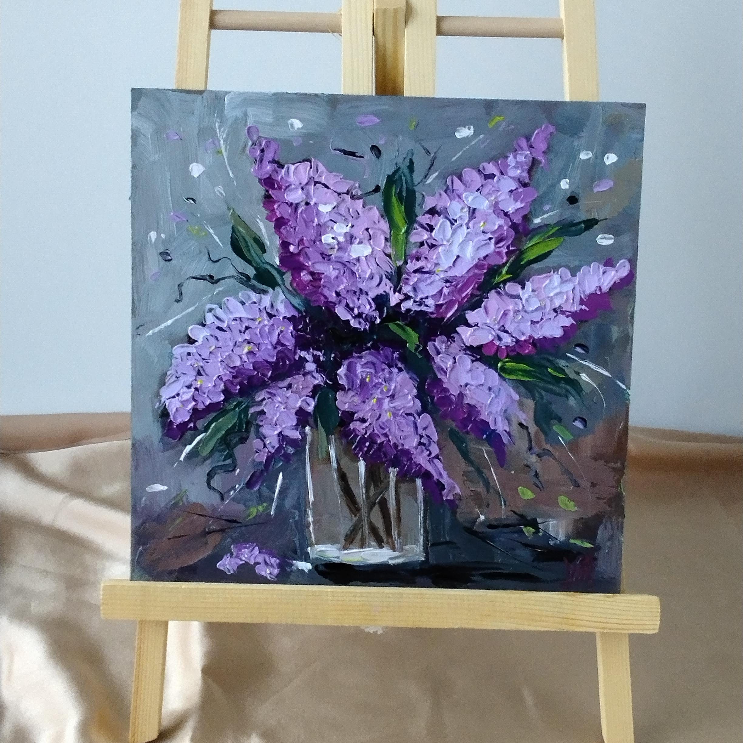 ライラックの絵画：オリジナルの花の油絵、質感のある静物画（8х8