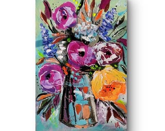 Colourful Floral Abstract Painting, Original Acrylic Flowers, Modern Bouquet Wall Art, Vertical Home Decor