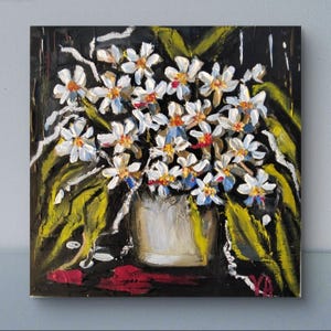 Peinture acrylique marguerites blanches : art floral texturé avec support
