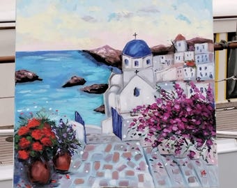 Santorini Seascape Oil Painting: Greek Island Architecture Art