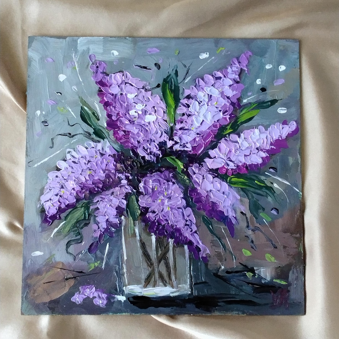 油絵　ライラック ライラックの絵画：オリジナルの花の油絵、質感のある静物画（8х8