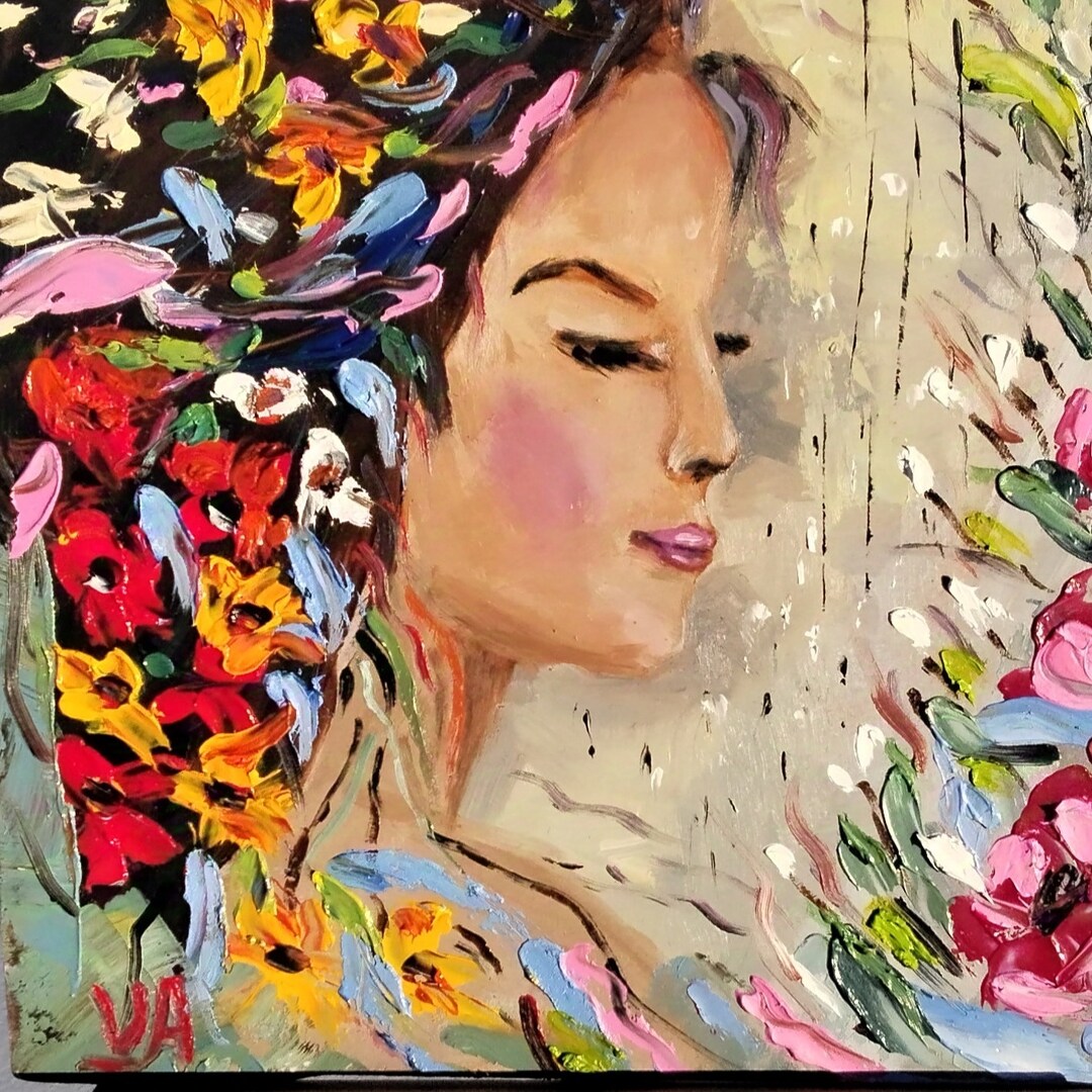 Original Woman Oil Painting With Flowers: Modern Abstract Portrait Art ...