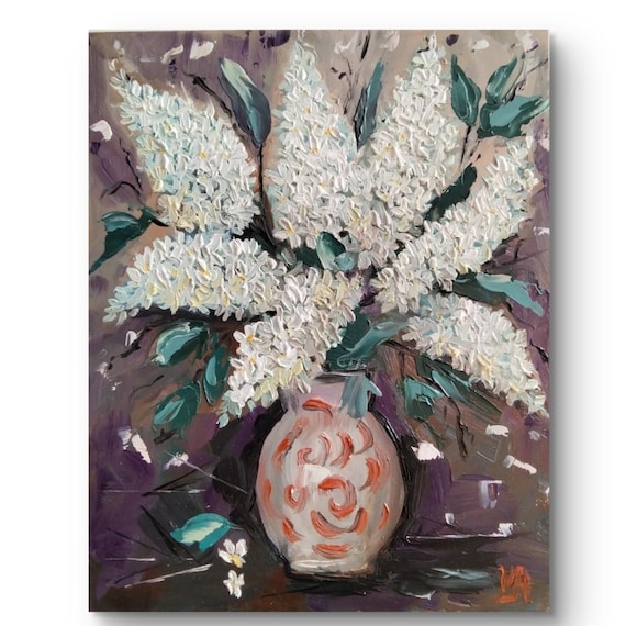 ライラックの絵画：手作りの花の油絵、小さなテクスチャのアートワーク
