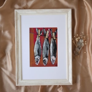 Pintura original de peces enmarcada, obra de arte al óleo, arte de pared de cocina costera, decoración náutica rústica, arte acrílico de vida marina, imagen vertical minimalista