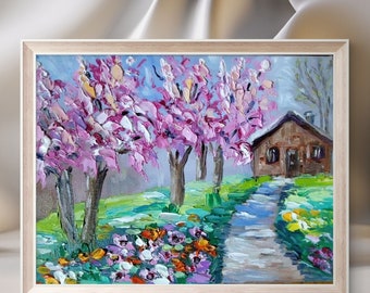 Spring landscape Flowering trees In the depths of the house Blossoming garden original Oil painting Spring colors Couture house Modern art