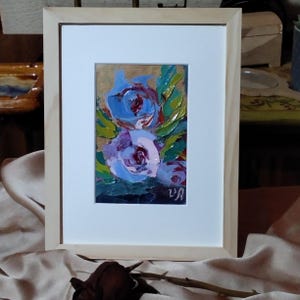 Cuadro enmarcado original hecho a mano, cuadro floral al óleo, arte texturizado pequeño hecho a mano, colores brillantes, obra de arte interior moderna abstracta, Gif para mamá