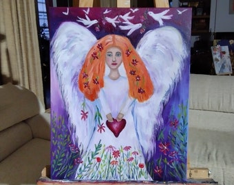 Pintura al óleo de ángel con corazón hecha a mano, decoración para habitación infantil.