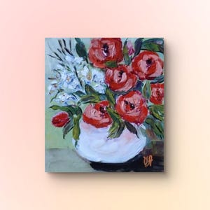 Arte acrílico floral de rosas abstractas Regalo original para mamá Impasto fijo Arte moderno Arte floral Colores brillantes Obra de arte texturizada hecha a mano