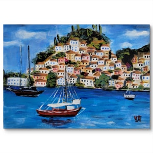 Arquitetura da ilha grega Pintura acrílica - Obra de arte original em cores azul e bege Pinturas abstratas Grécia Arte original da Grécia