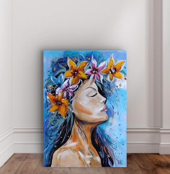 オリジナルアクリル画：花を持つ女性、モダンな壁掛けアート - Etsy 日本