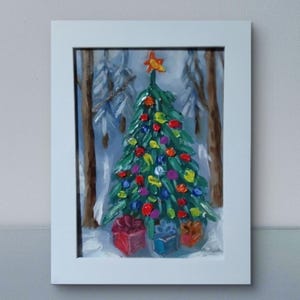 Pintura a óleo original Pequena arte de parede, Arte em óleo Arte moderna Decoração Arte abstrata em óleo Árvore de Natal Um presente de Natal Paisagem de inverno