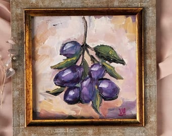 Framed Oil Painting of Plums -Original Still Life, Rustic Kitchen Purple Fruit Artwork