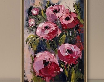 Pintura original de peonía: arte abstracto floral empastado, colores brillantes