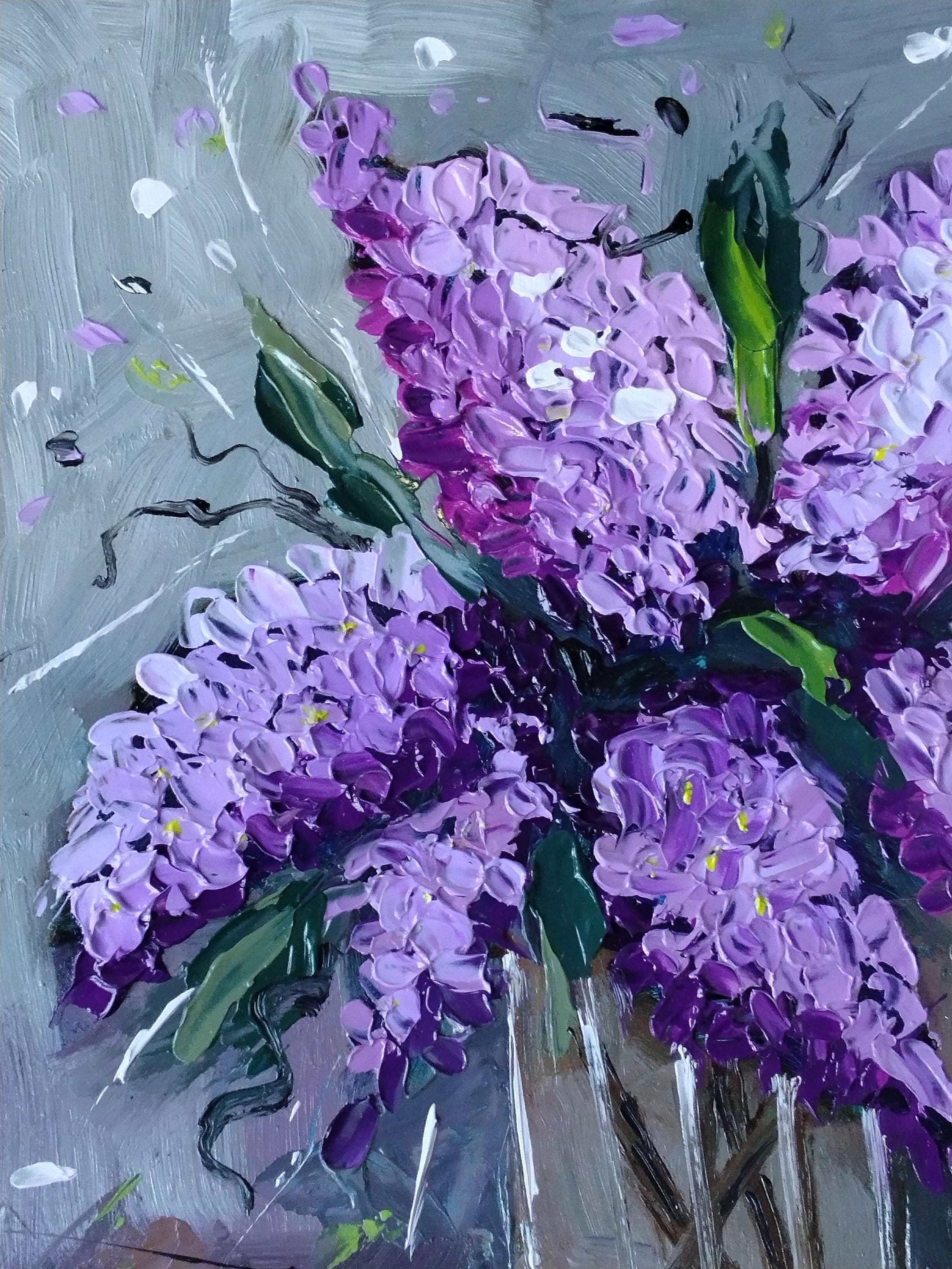 ライラックの絵画：オリジナルの花の油絵、質感のある静物画（8х8