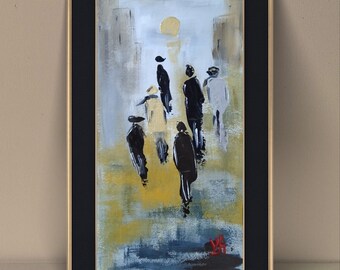 Oeuvre d'art abstraite en acrylique faite main représentant des personnes dans des tons beiges, marron et gris - Peinture originale avec des touches dorées