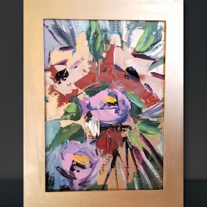 En una pequeña pintura al óleo enmarcada Flores pintadas al óleo Obra al óleo original Pintura abstracta Arte de pared Pintura colorida hecha a mano con oro