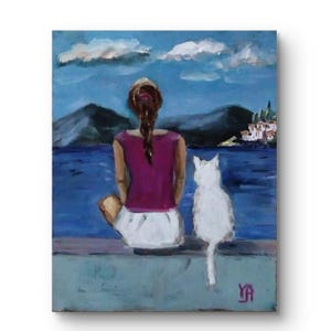 Peinture à l'huile originale de paysage marin Art minimaliste La fille au chat Couleurs bleu gris et blanc Peinture d'animaux Petite peinture à l'huile