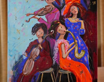 Peinture acrylique sur toile, grand tableau, peinture abstraite, musique, femmes, couleurs, instruments de musique, la femme au chapeau.