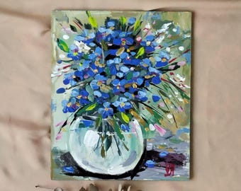 Pintura acrílica floral original: flores azules en jarrón, arte texturizado