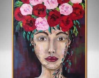 Original Acrylic Painting of Woman with Flowers, Large Wall Art, Modern Decor Vibrant Woman with Flowers Acrylic Painting Modern Art Decor