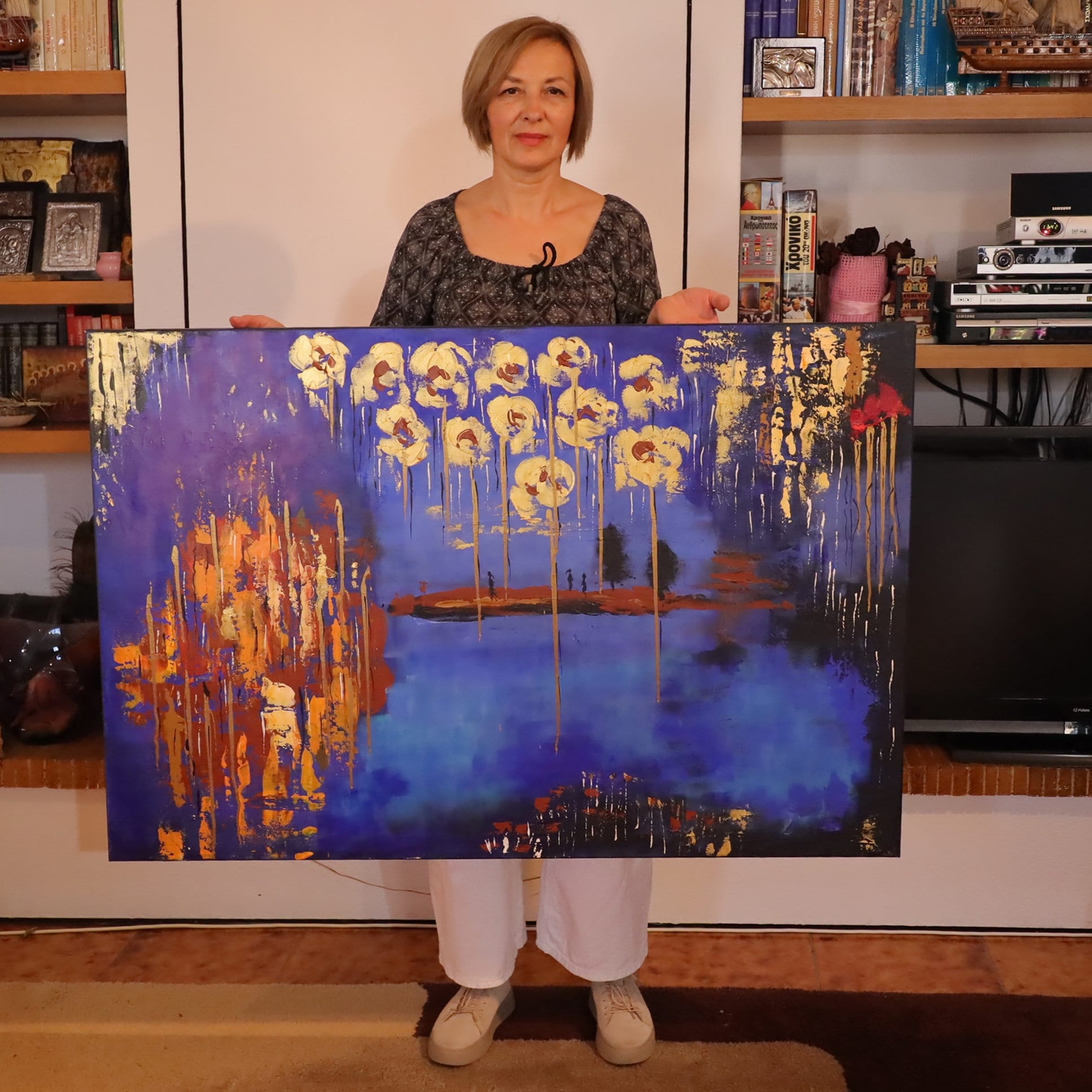 XL 抽象画（青と金）: キャンバスに描かれたテクスチャーのある